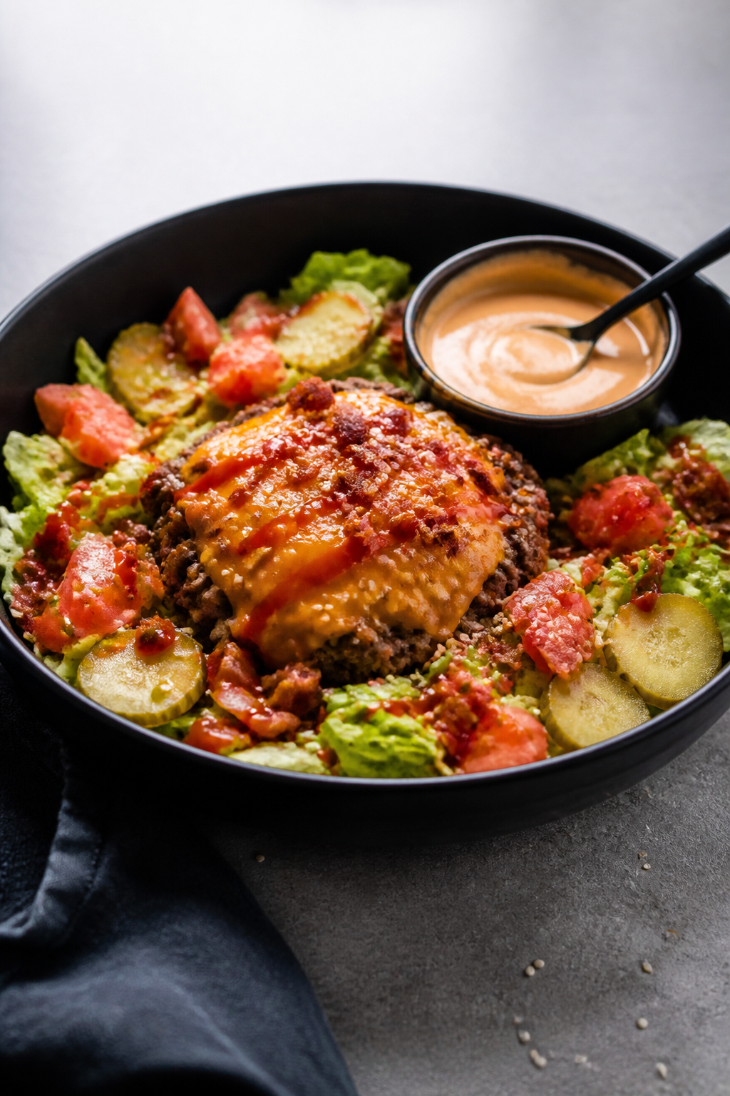 Final plated beauty: Restaurant-quality cheeseburger bowl presented in a matte black shallow bowl, b