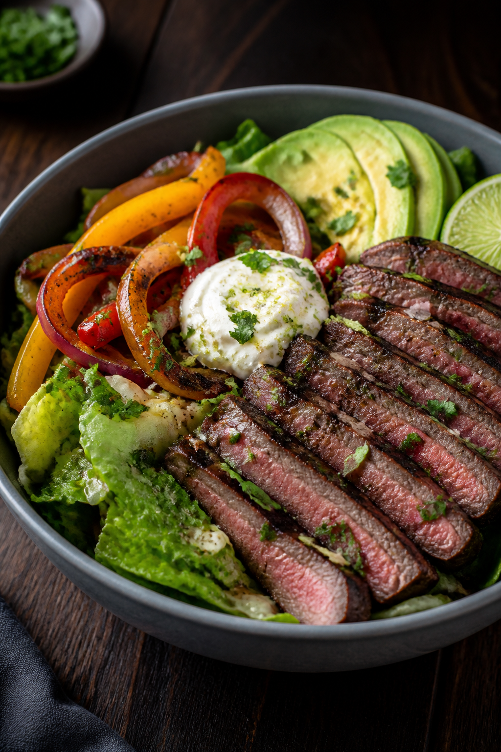 Final plated beauty: Restaurant-quality close-up of a composed fajita salad bowl with emphasis on te