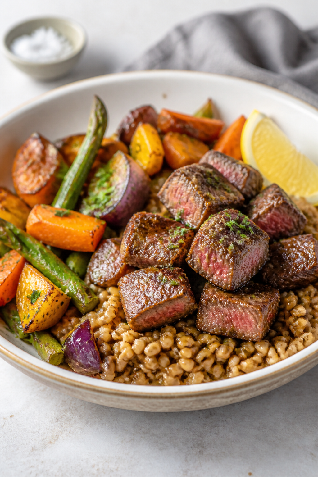Final plated beauty: Restaurant-quality presentation of the finished bowl on a light stoneware plate
