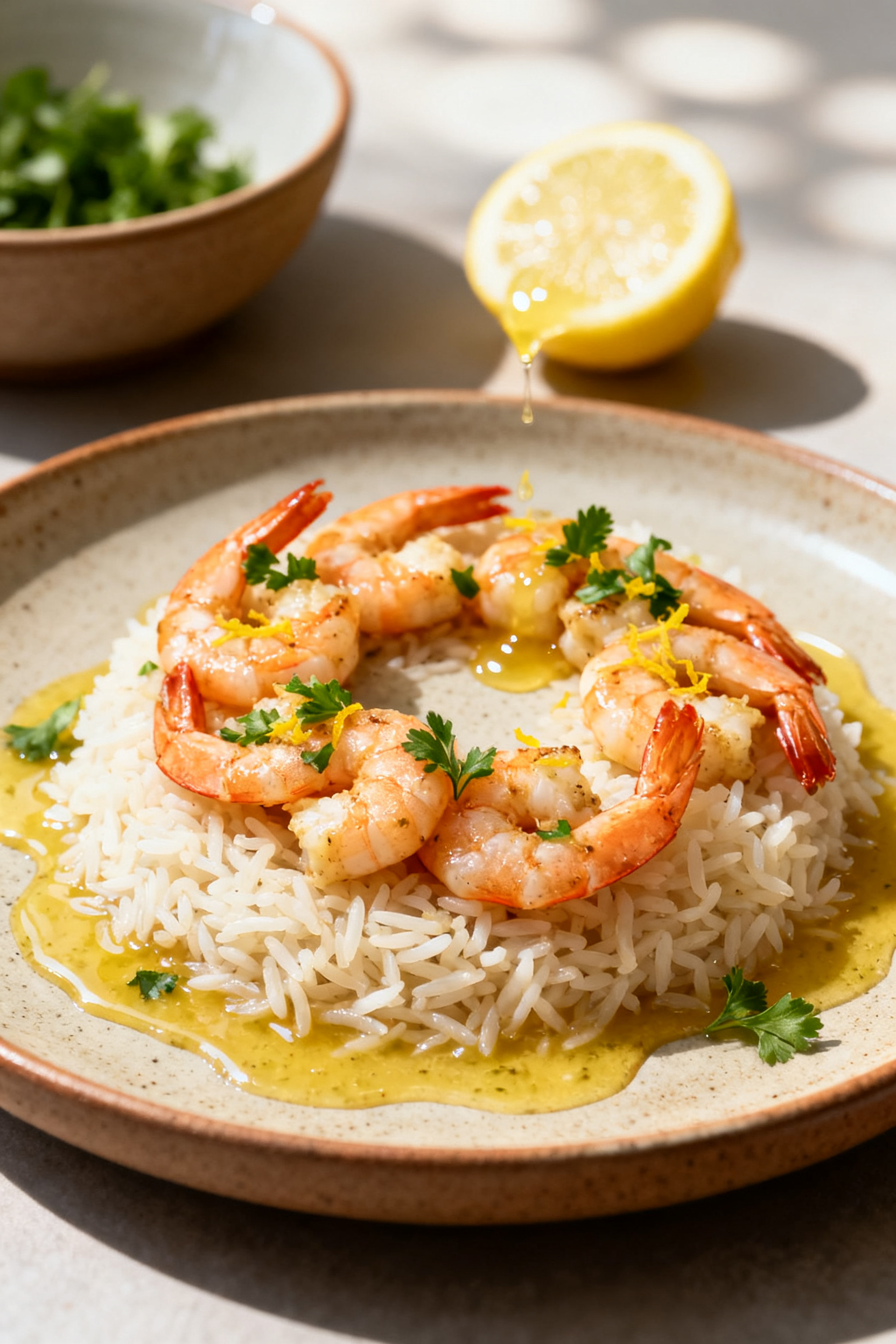Final plated beauty: Restaurant-quality presentation of garlic butter shrimp piled over basmati rice