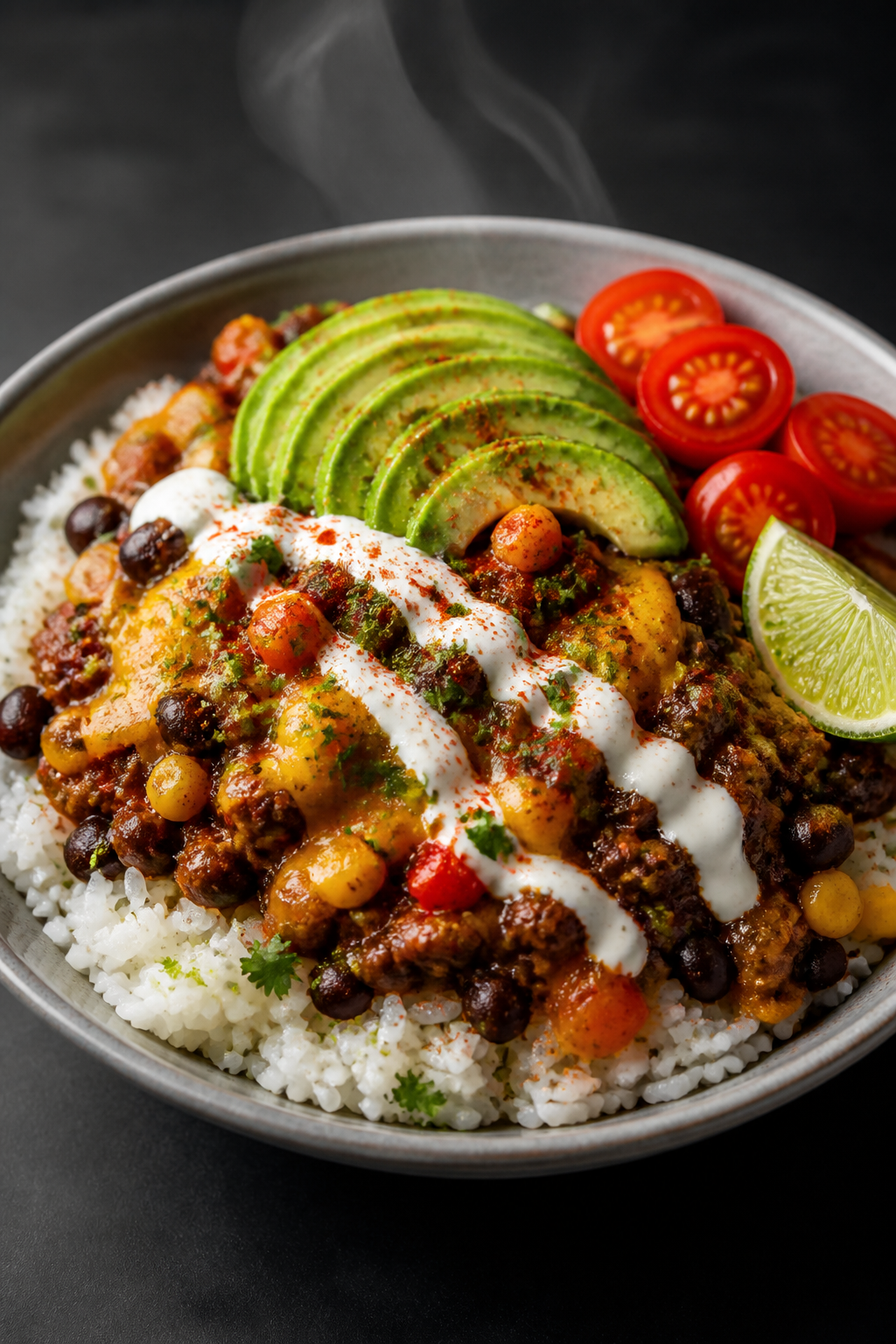 Final plated beauty: Restaurant-quality presentation of a loaded beef burrito bowl in a shallow gray
