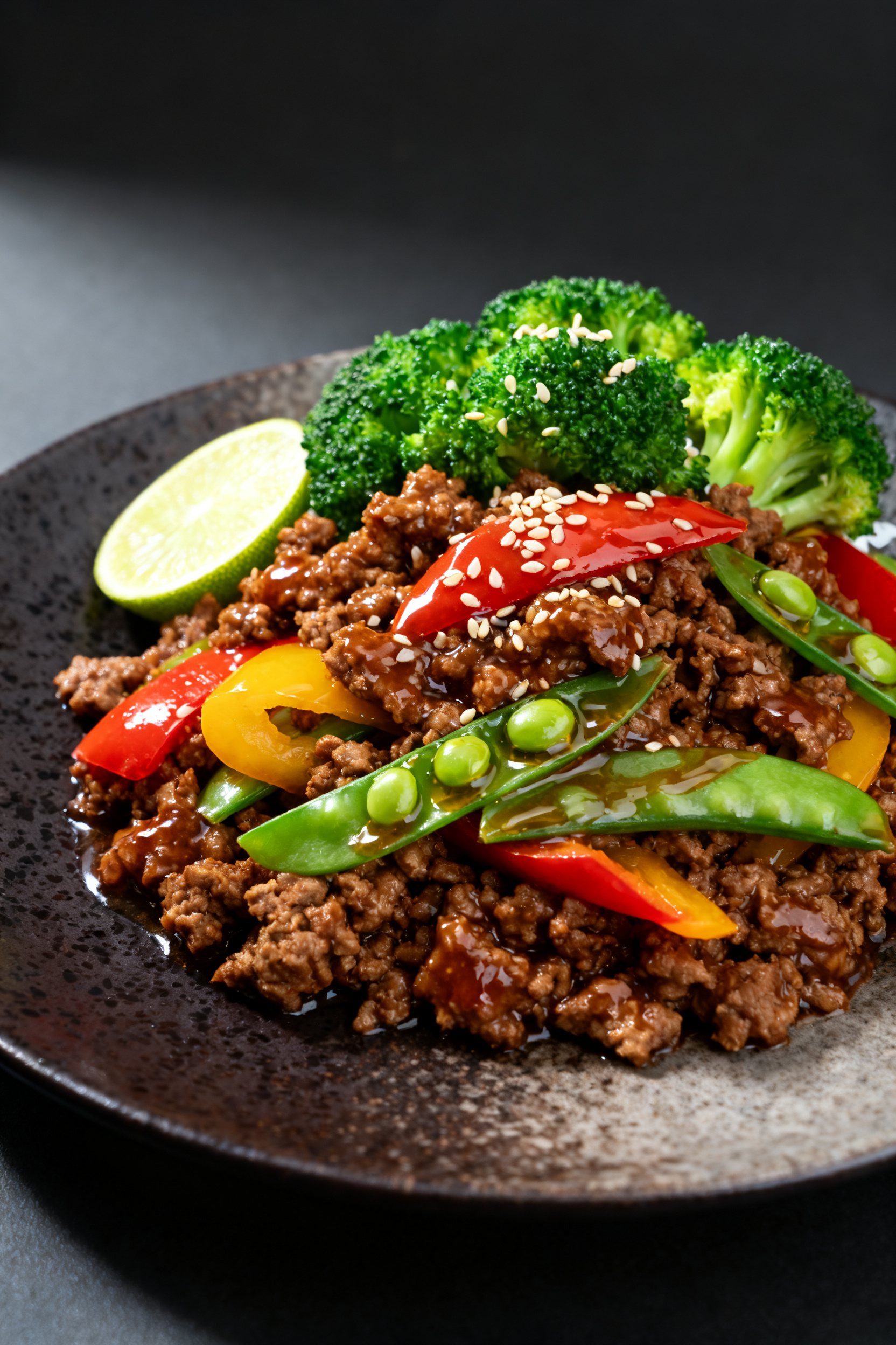 Final plated beauty, restaurant-style: Beautifully plated Ground Beef & Veggie Stir Fry as a standal