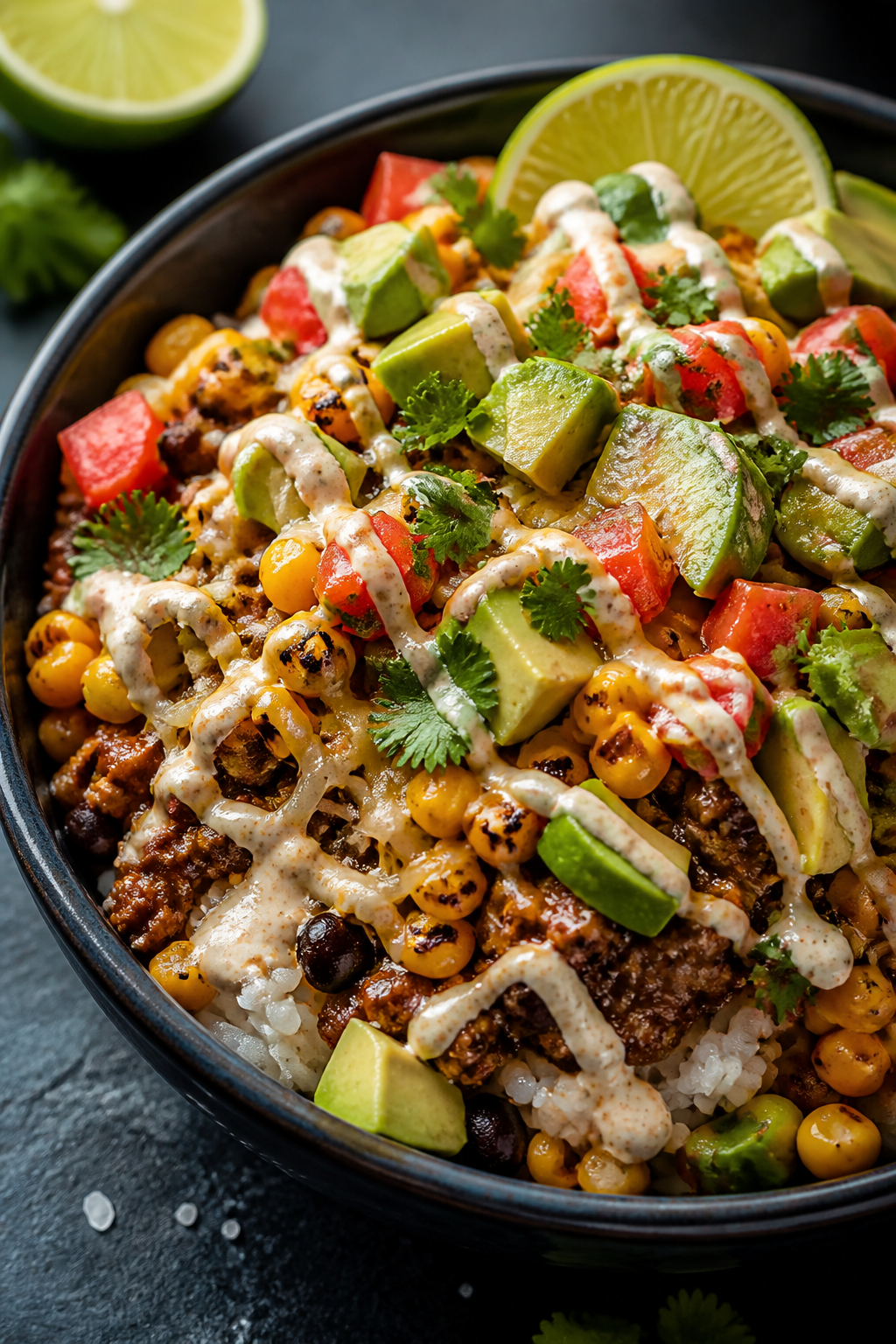 Final plated beauty shot: Restaurant-quality burrito bowl presented on a dark slate surface for cont