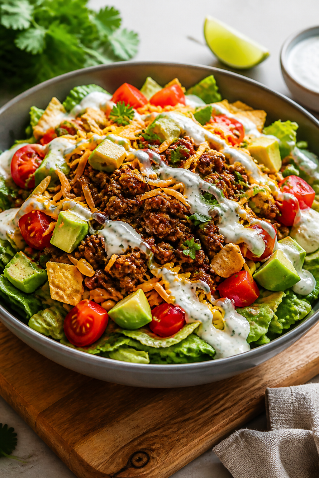 Final plated beauty shot: Restaurant-quality presentation of the finished taco salad bowl at a 45-de