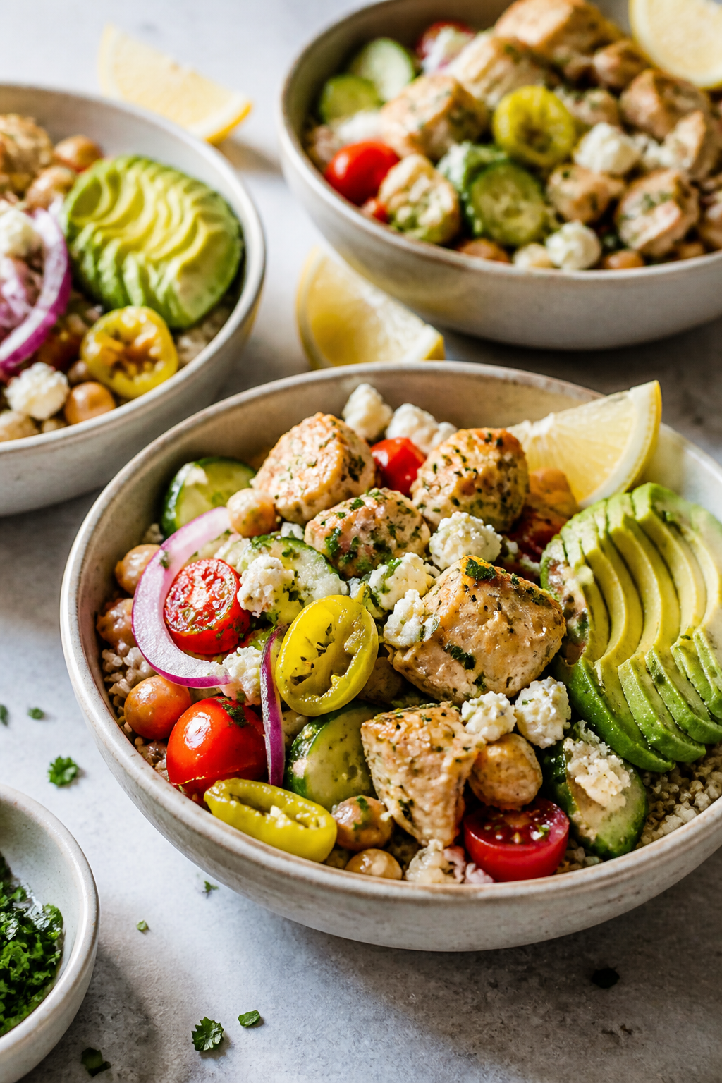 Final plated beauty shot: Three meal-prep friendly Greek turkey bowls staggered on a light stone sur