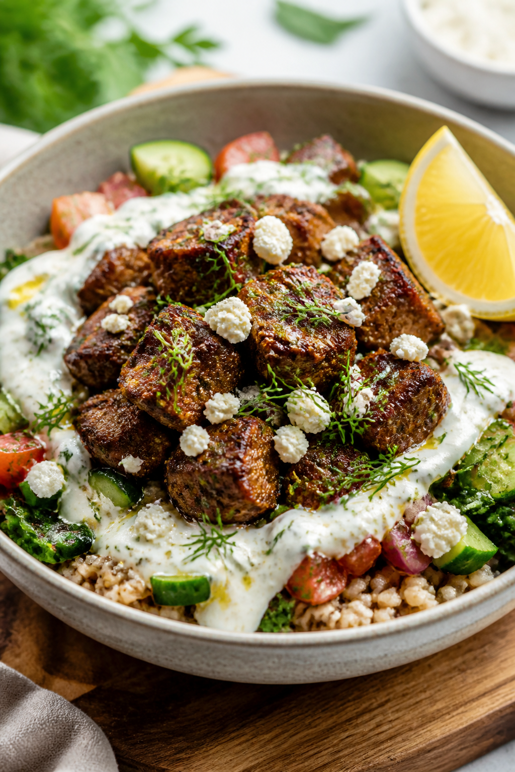 Final plated beauty: Single serving bowl in a restaurant-quality presentation, three-quarter angle. 