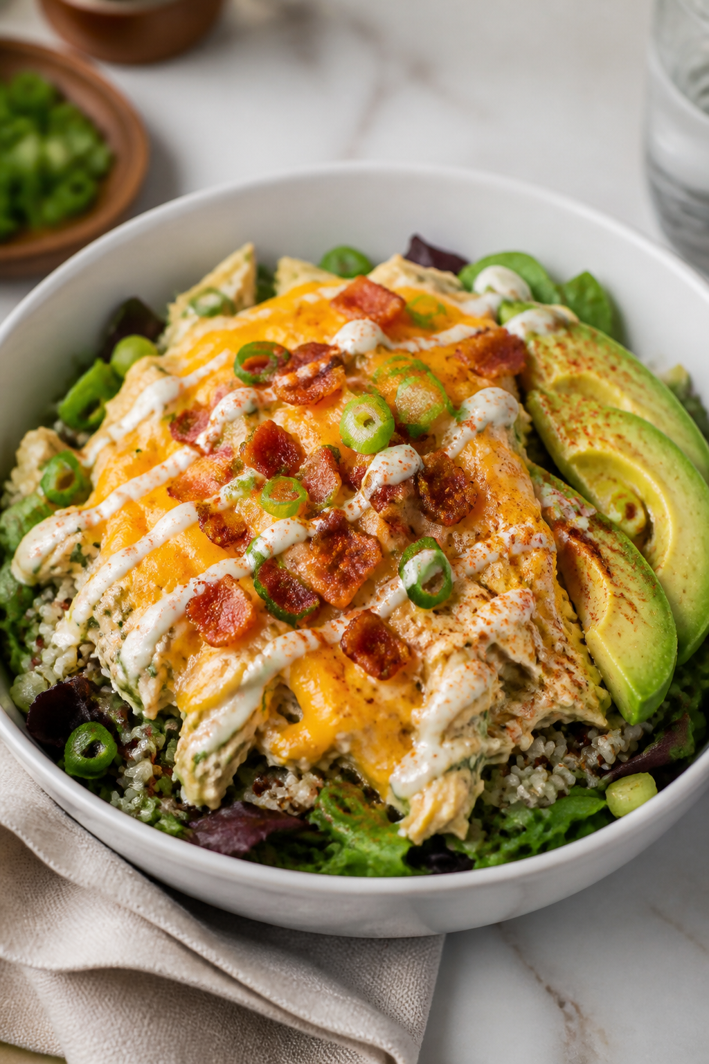 Final plated bowl beauty: Restaurant-quality presentation of a crack chicken bowl on a wide white ce