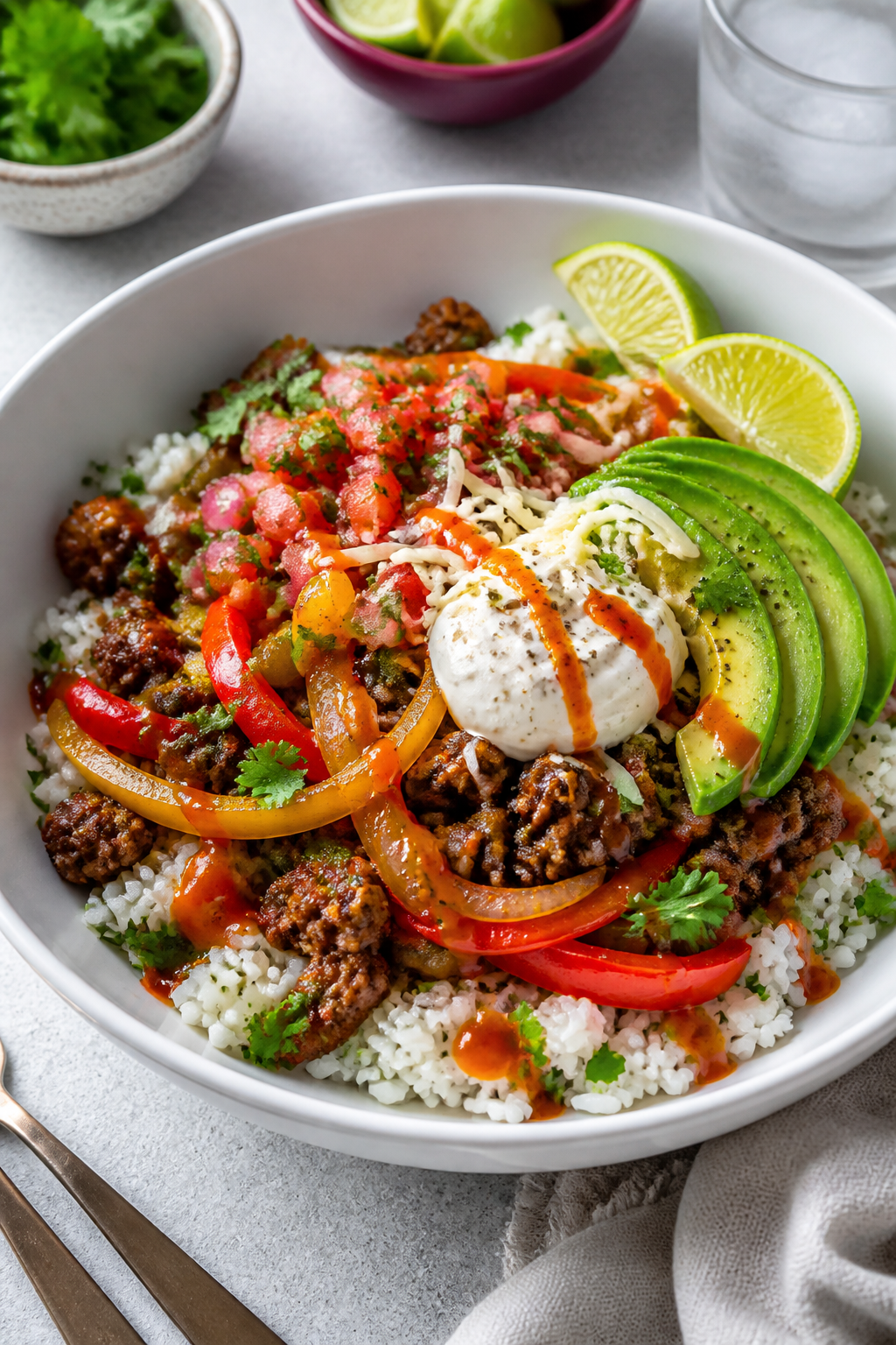 Final plated bowl, restaurant-quality: Beautifully plated Ground Beef Fajita Rice Bowl in a wide, ma