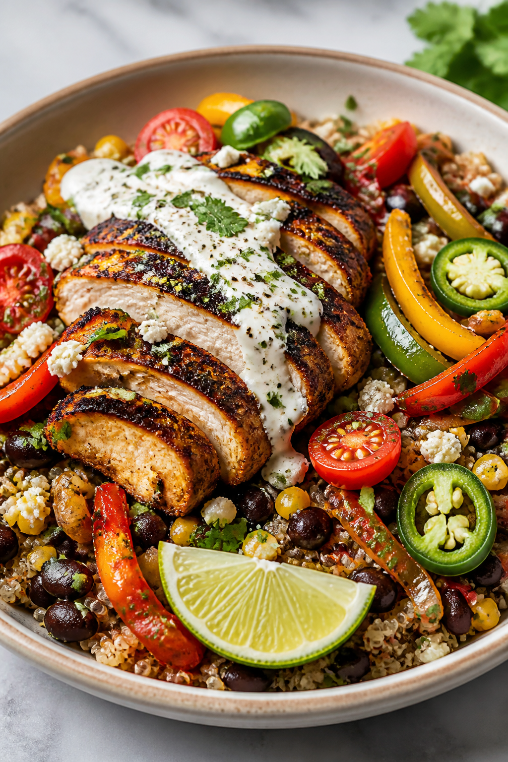 Final plated bowl, restaurant-quality: Beautifully plated Southwest Chicken Bowl in a wide, shallow 
