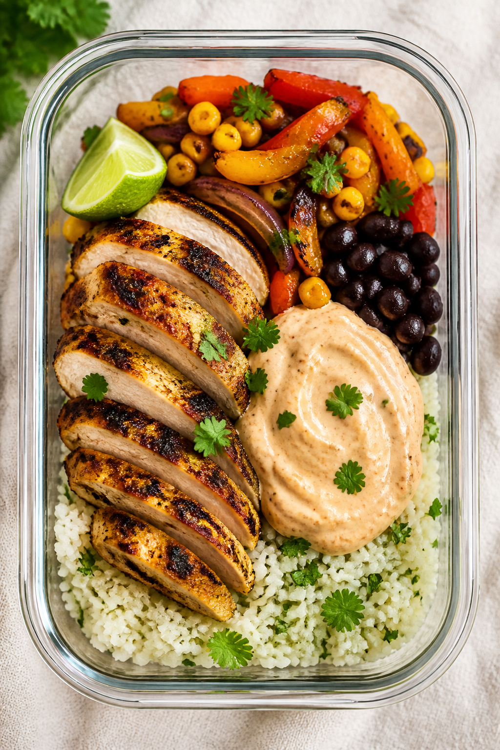 Final plated bowl, top-down: Fully assembled chipotle chicken meal prep bowl—fluffy cilantro-lime
