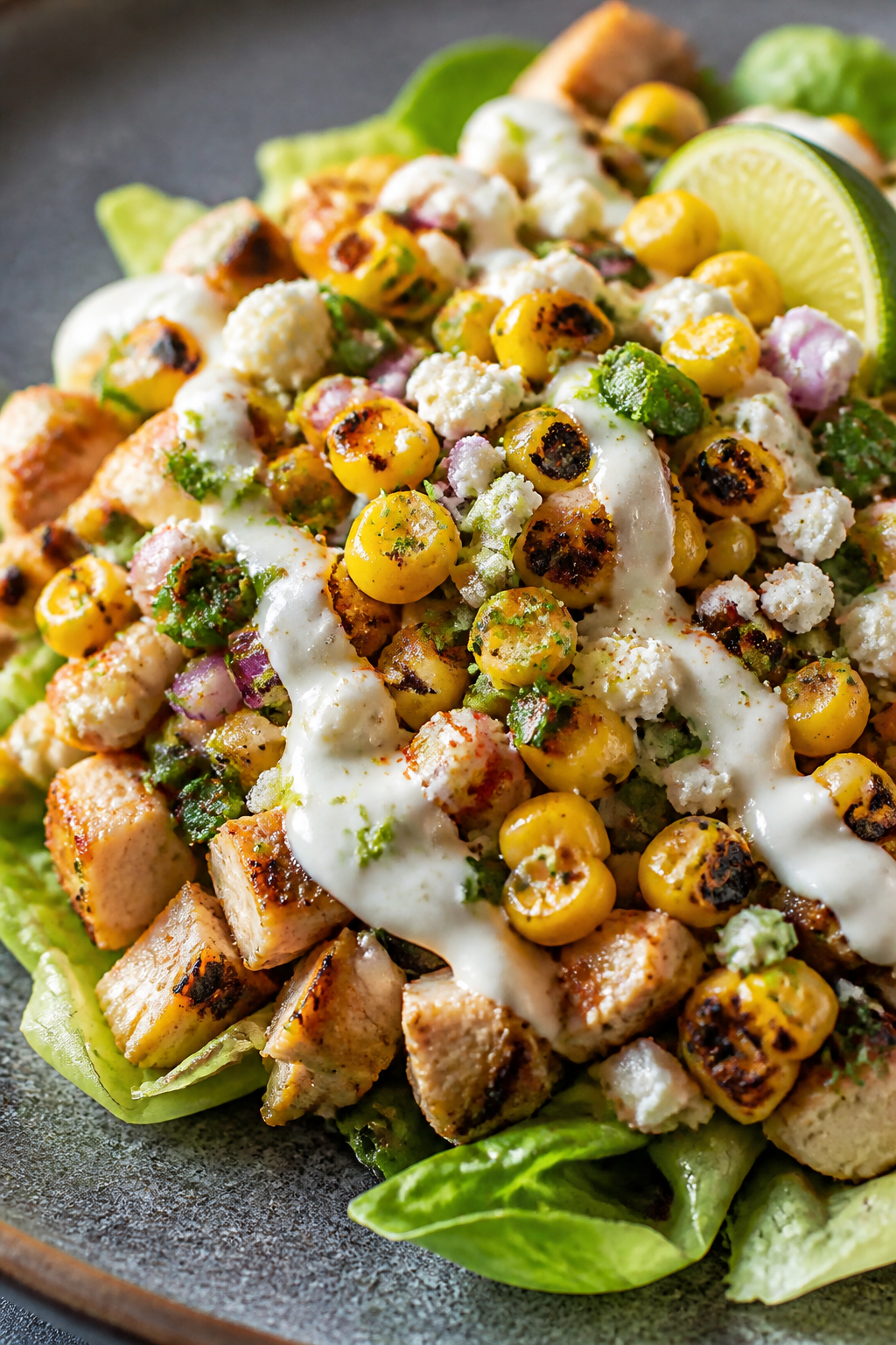 Final plated close-up detail: Tight macro of the street-corn topping piled over diced chicken on rom