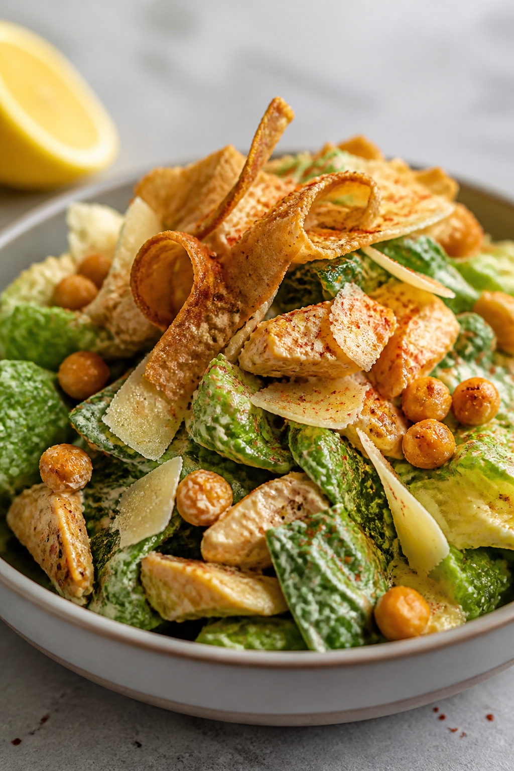 Final plated close-up: Restaurant-quality hero shot of a single Chicken Caesar Protein Wrap Bowl pos