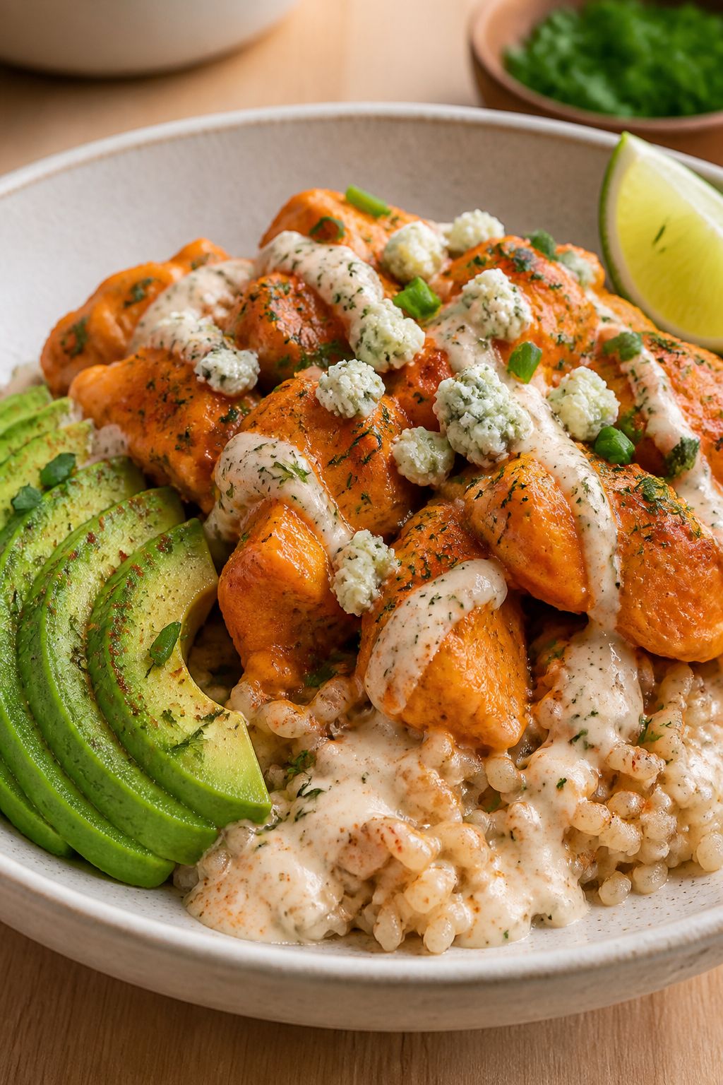 Final plated close-up: Restaurant-quality presentation of a Buffalo chicken rice bowl variation with