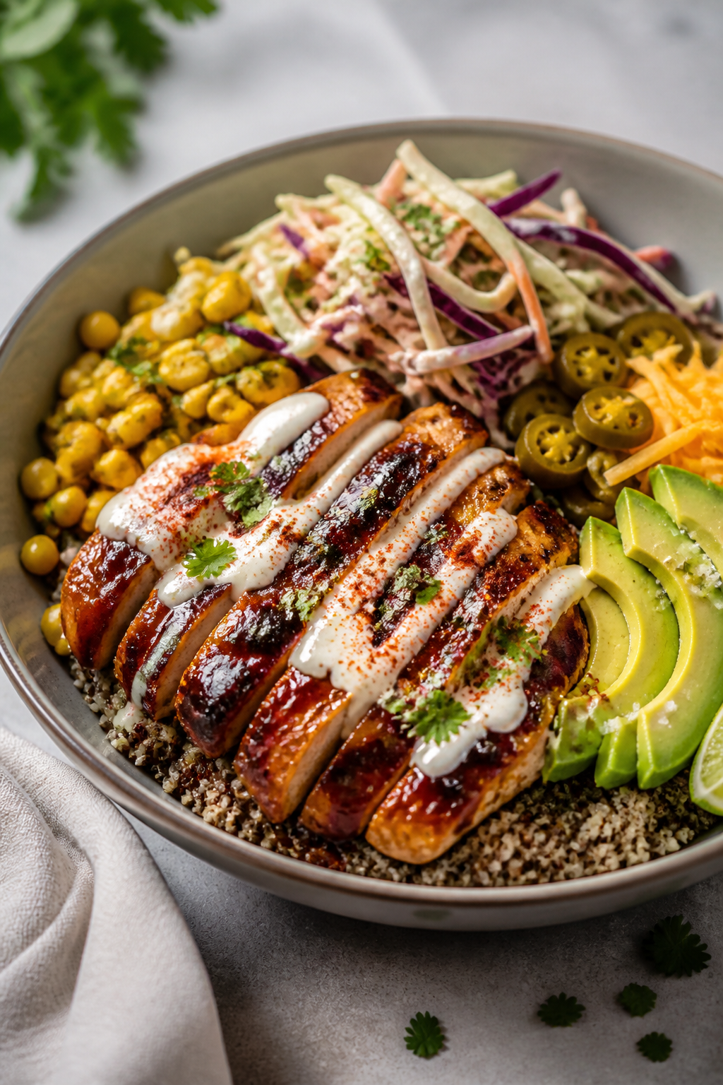 Final plated detail: Restaurant-quality hero shot of a neatly composed BBQ chicken bowl with quinoa 