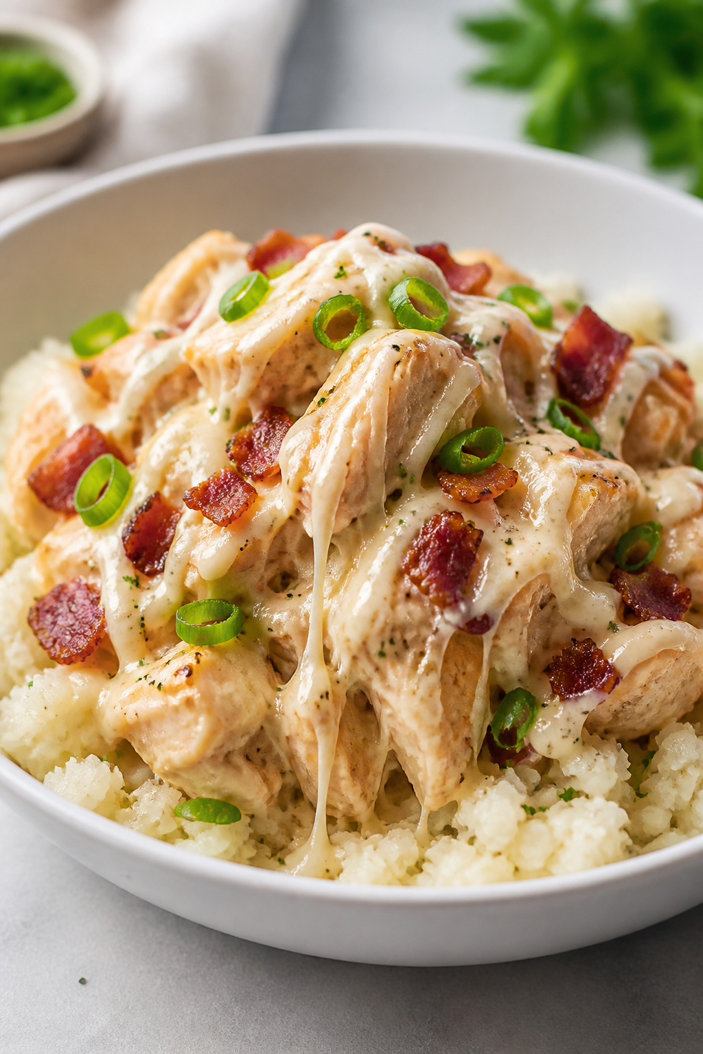 Final plated dish: A generous spoonful of High Protein Chicken Bacon Ranch Bake served over fluffy c