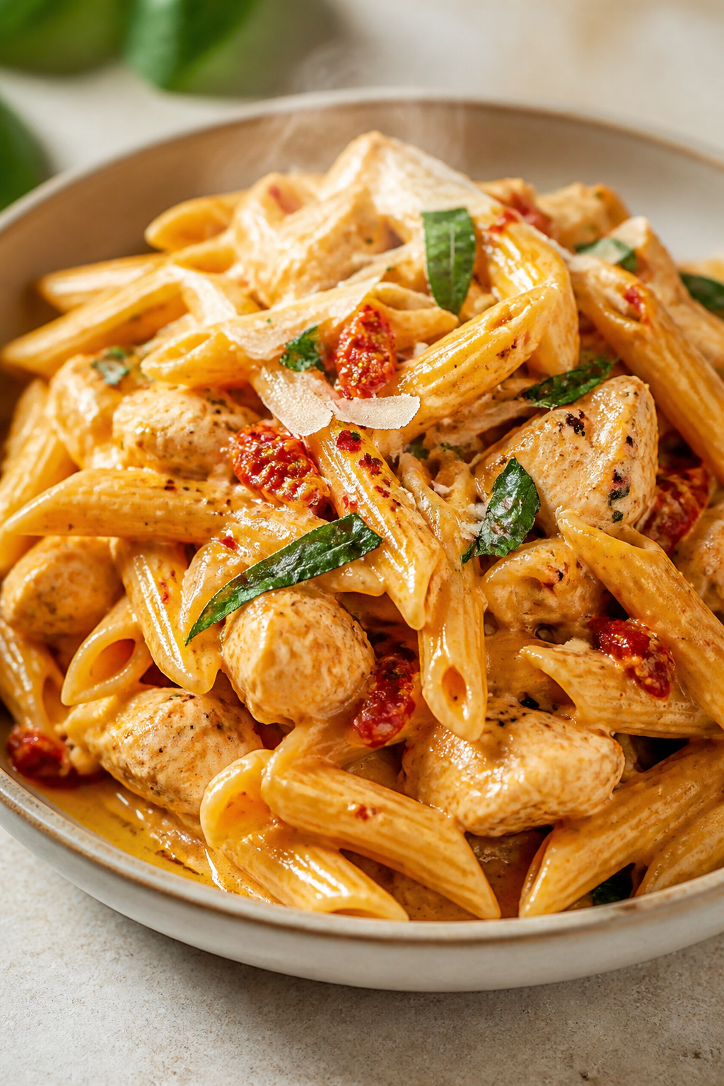 Final plated dish: Beautifully plated bowl of Marry Me Chicken Pasta twirled high, showcasing sauce-