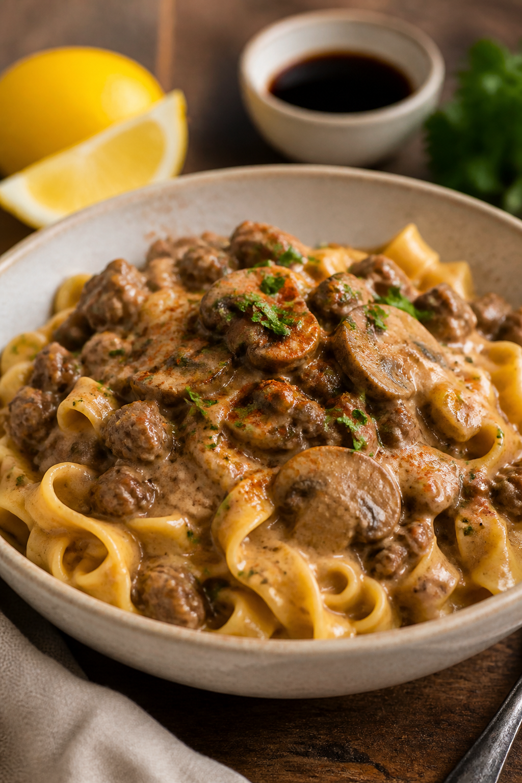 Final plated dish, : Beautifully plated bowl of melt-in-your-mouth ground beef stroganoff—twirls o