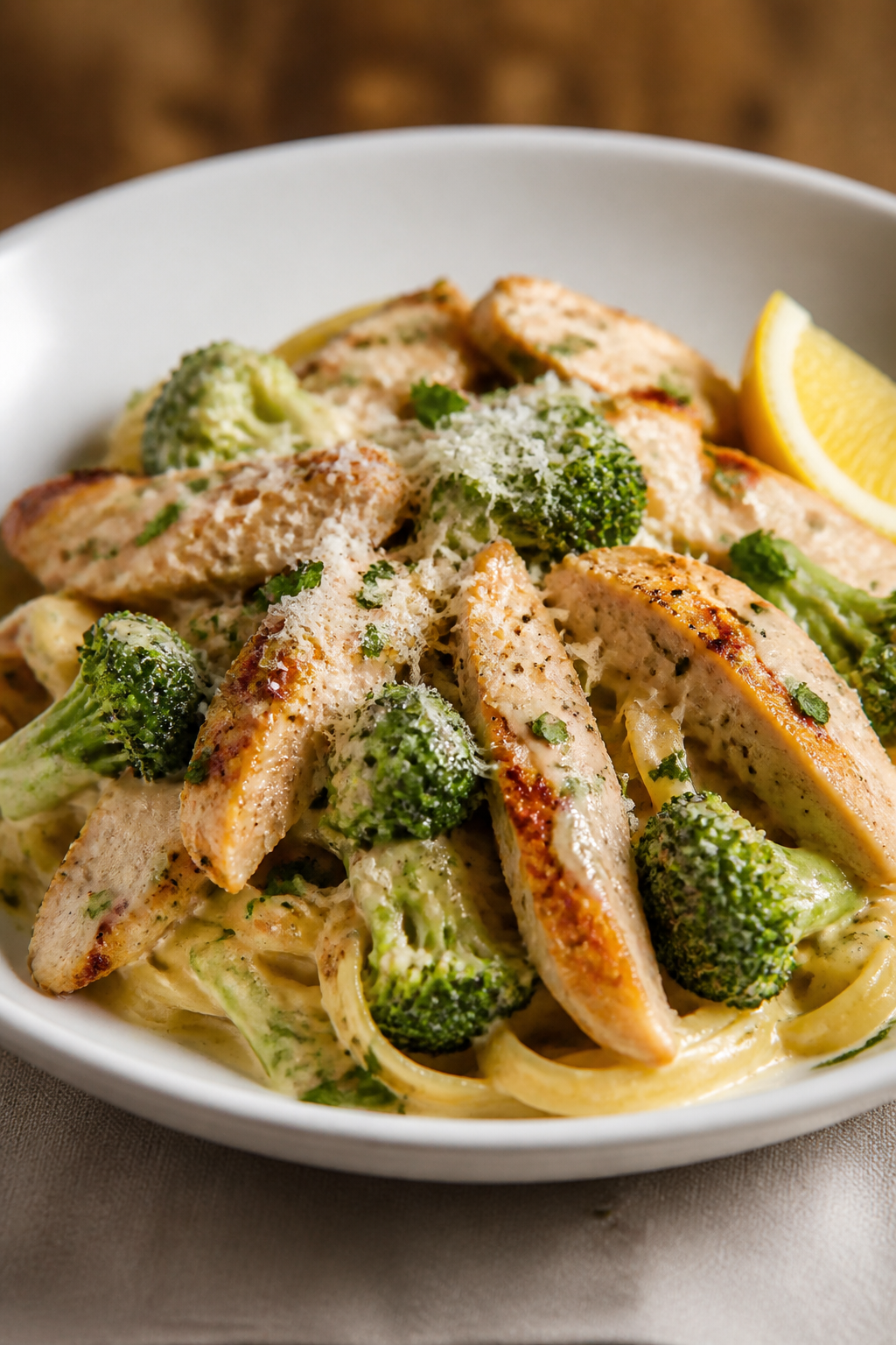 Final plated dish, : Beautifully plated Garlic Parmesan Chicken & Broccoli in a wide shallow white b