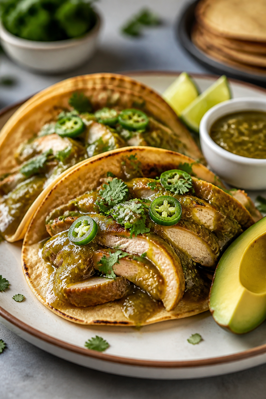 Final plated dish, : Beautifully plated Salsa Verde Chicken tacos—warm corn tortillas filled with 