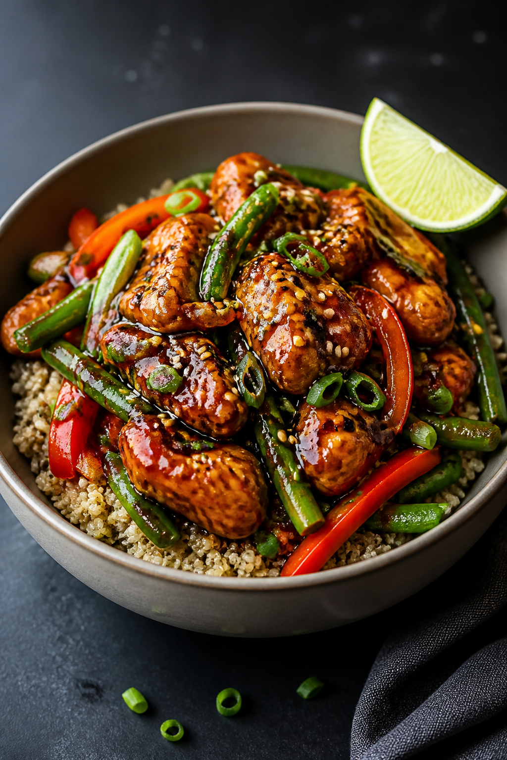 Final plated dish, : Beautifully plated Spicy Garlic Chicken Bowl in a matte ceramic bowl—fluffy q