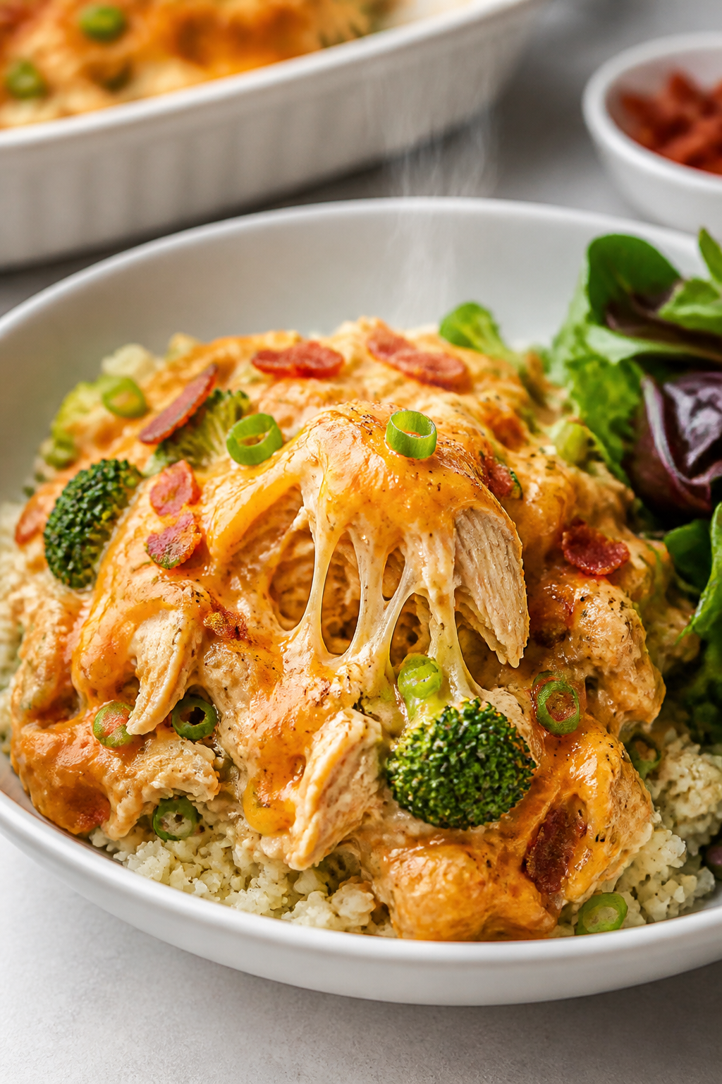 Final plated dish beauty: A generous scoop of High Protein Crack Chicken Casserole plated in a shall