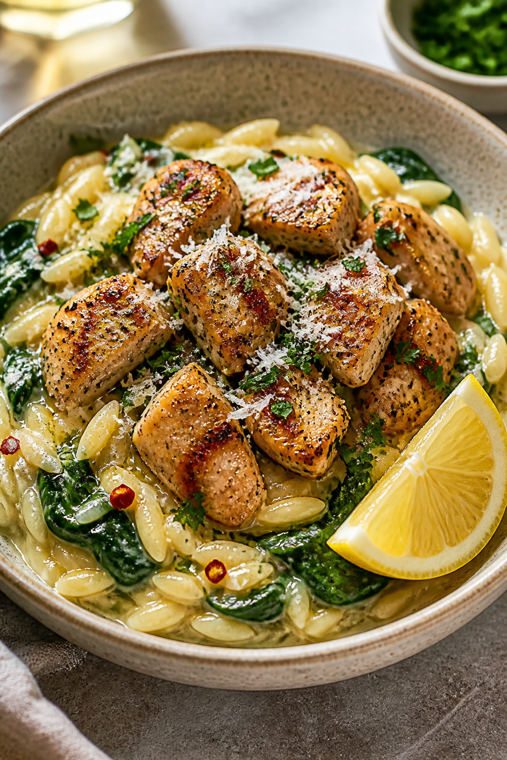 Final plated dish beauty: Bowl of Lemon Garlic Chicken Orzo plated restaurant-style—creamy, glossy