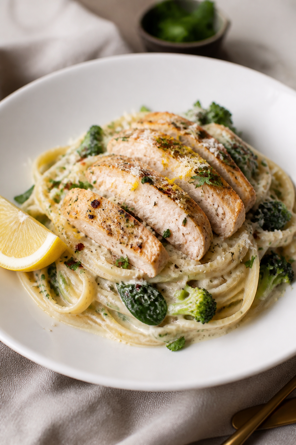 Final plated dish beauty: Creamy Protein Packed Chicken Alfredo twirled into a nest on a wide white