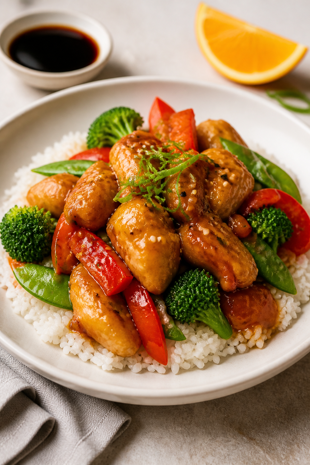 Final plated dish beauty: Restaurant-quality plating of Healthy Orange Chicken over jasmine rice on