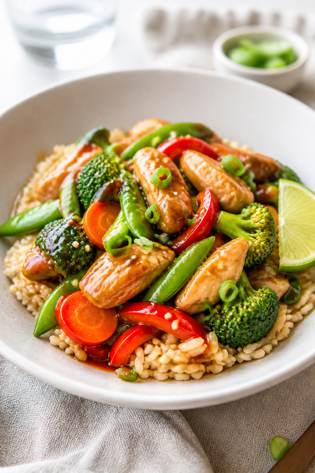 Final plated dish beauty shot: Healthy Chicken Teriyaki Stir Fry artfully piled over fluffy brown ri