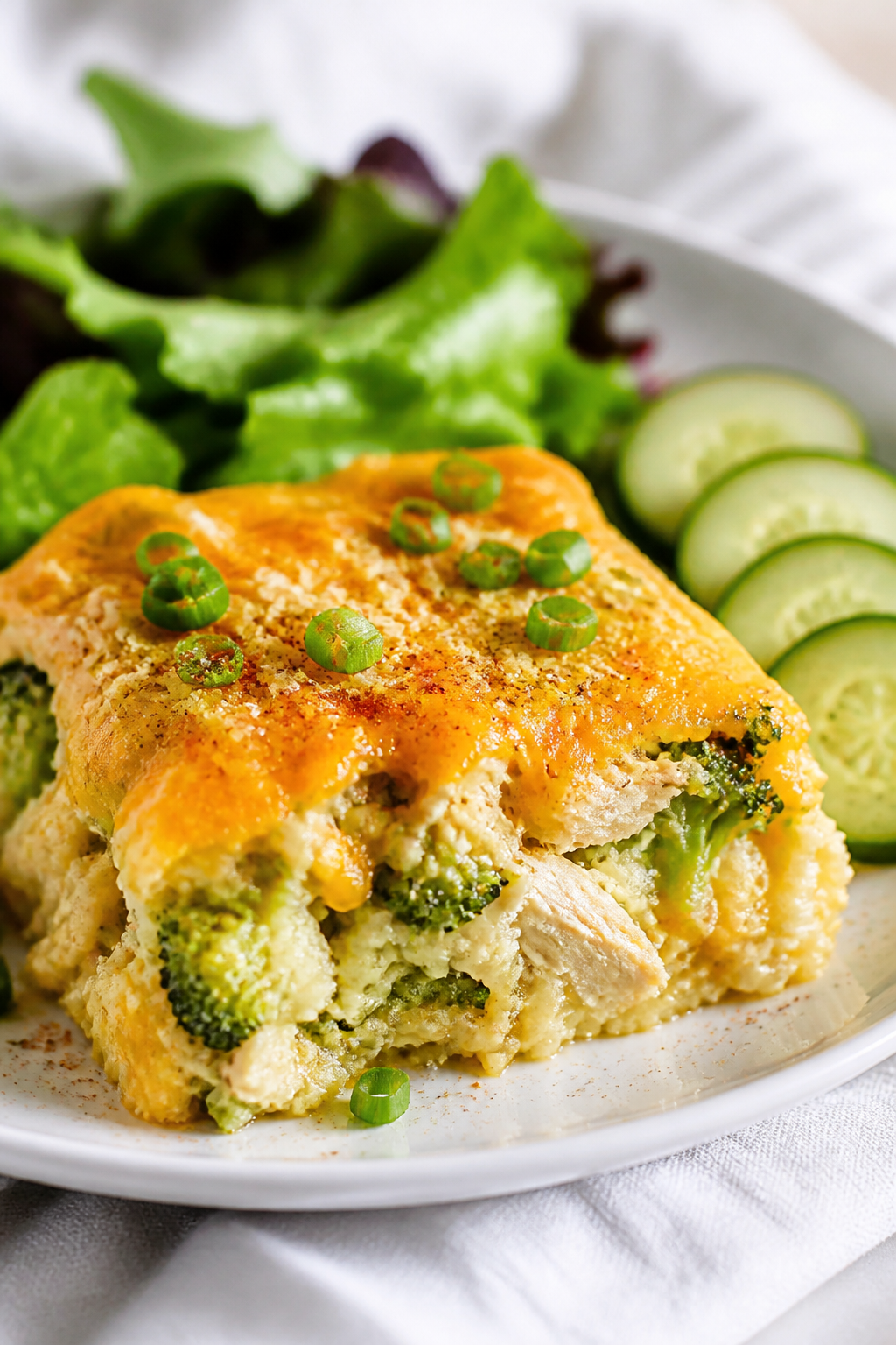 Final plated dish, hero shot: Beautifully plated square of Healthy Crack Chicken Casserole on a whit