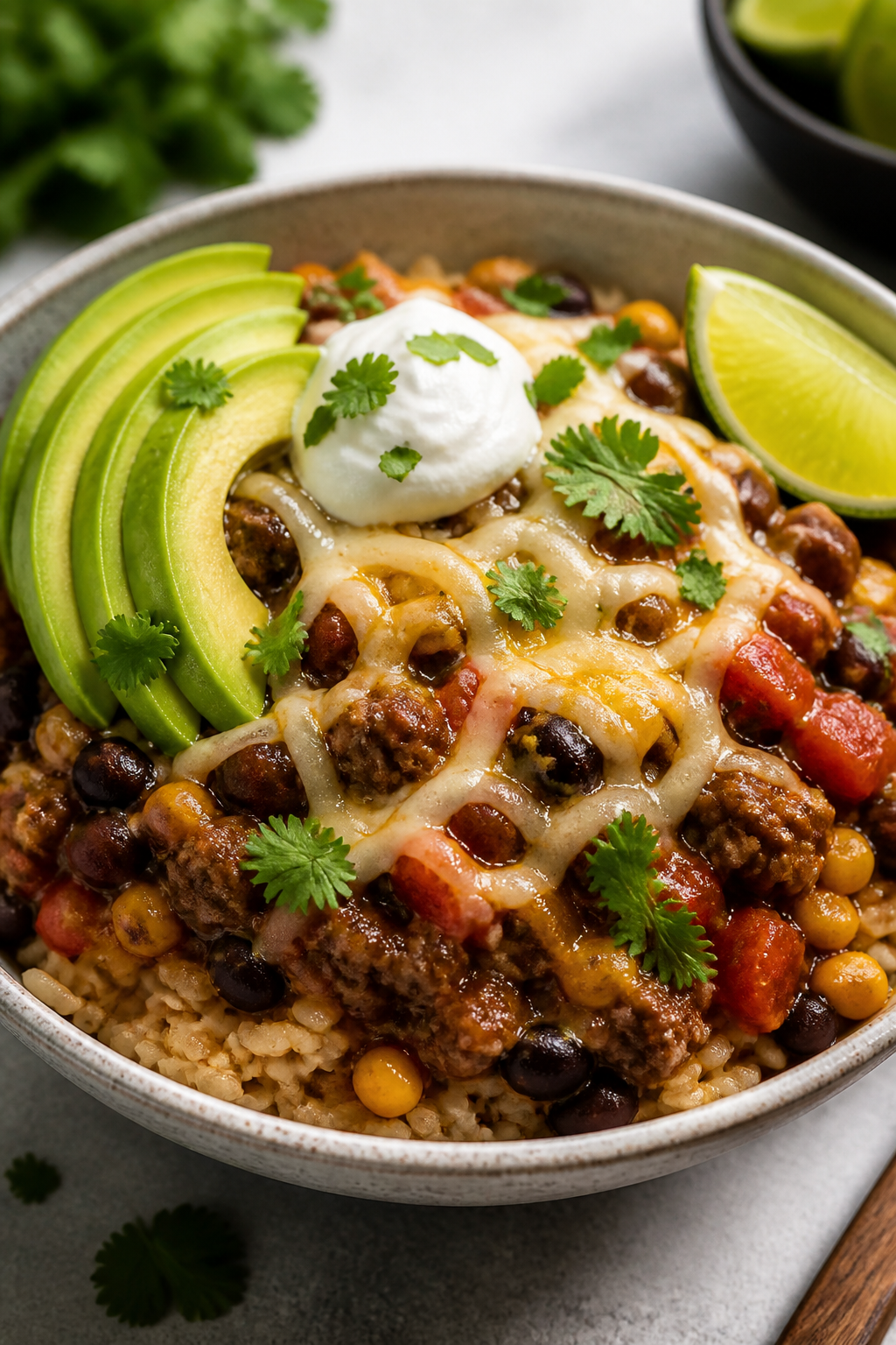 Final plated dish — High-protein bowl presentation: Beautifully plated bowl of the Mexican beef sk