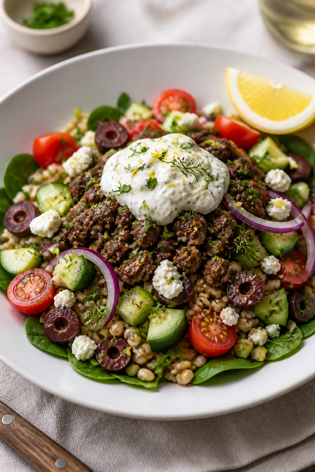 Final plated dish – : High Protein Mediterranean Beef Bowl artfully composed in a wide, matte-whit