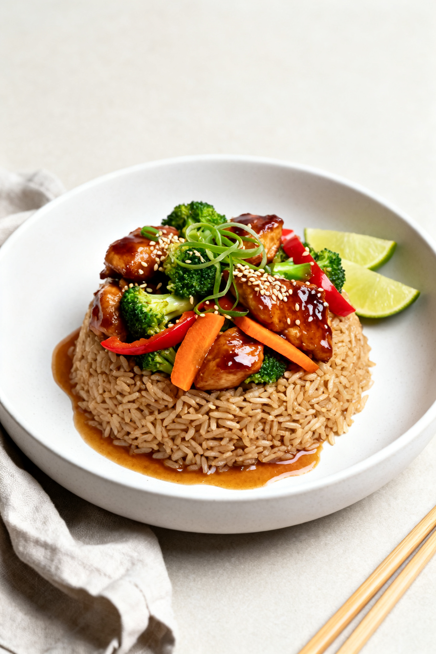 Final plated dish, restaurant presentation: High Protein Teriyaki Chicken Stir Fry artfully arranged