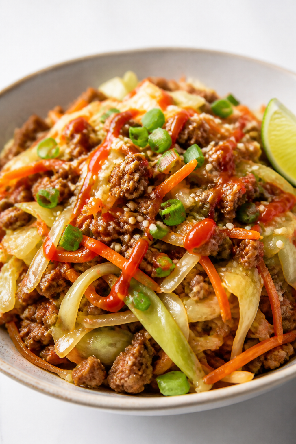 Final plated dish, restaurant-quality: Beautifully plated Low Carb Ground Beef Egg Roll in a Bowl in
