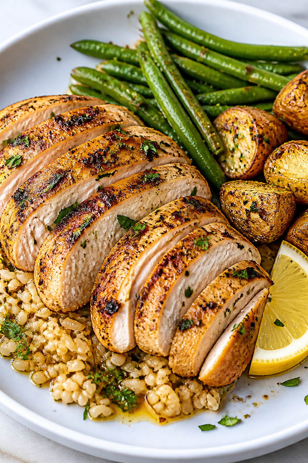 Final plated dish: Restaurant-quality plate of sliced lemon herb chicken fanned over warm brown rice