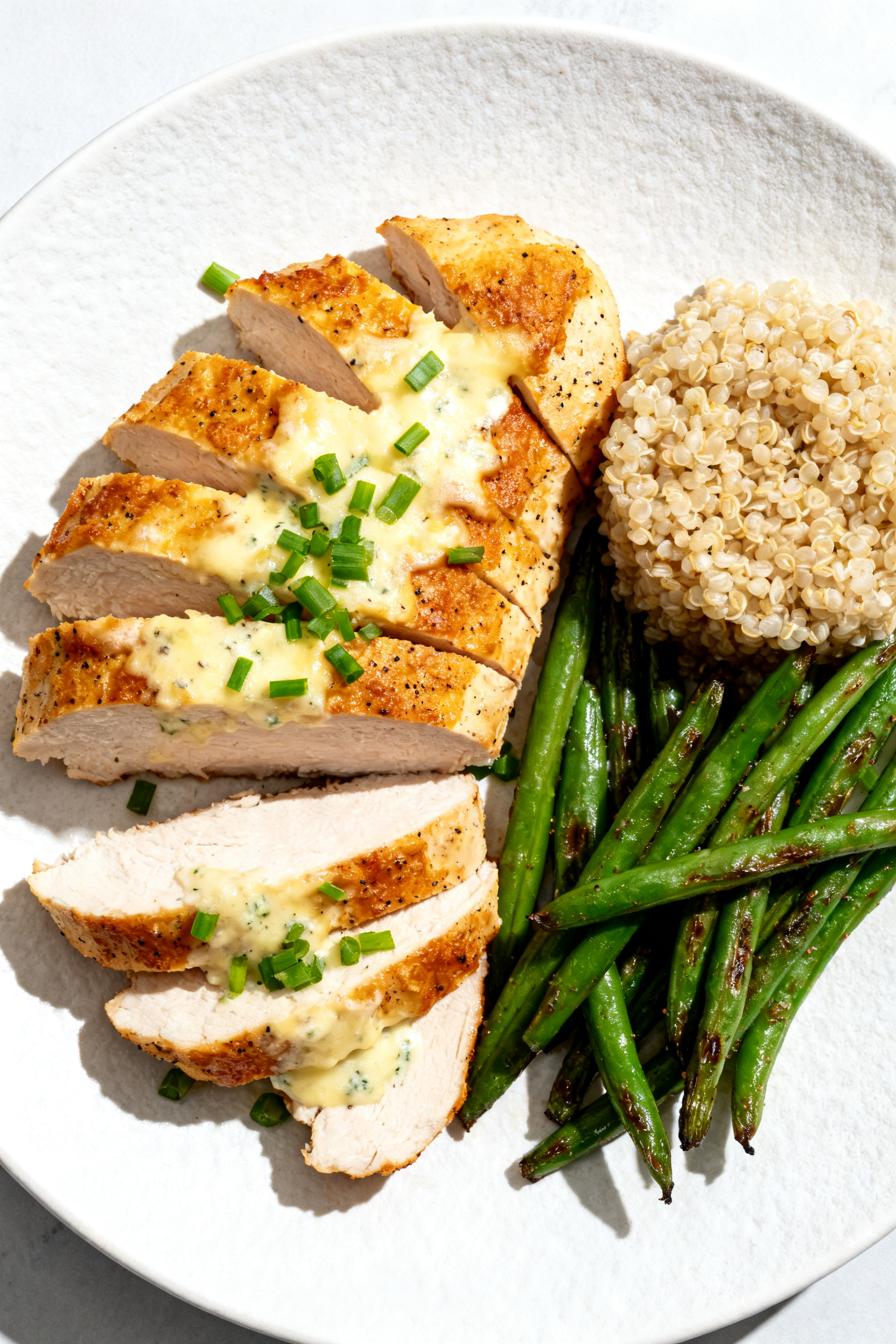 Final plated dish: Restaurant-quality presentation of sliced ranch chicken breast fanned on a matte