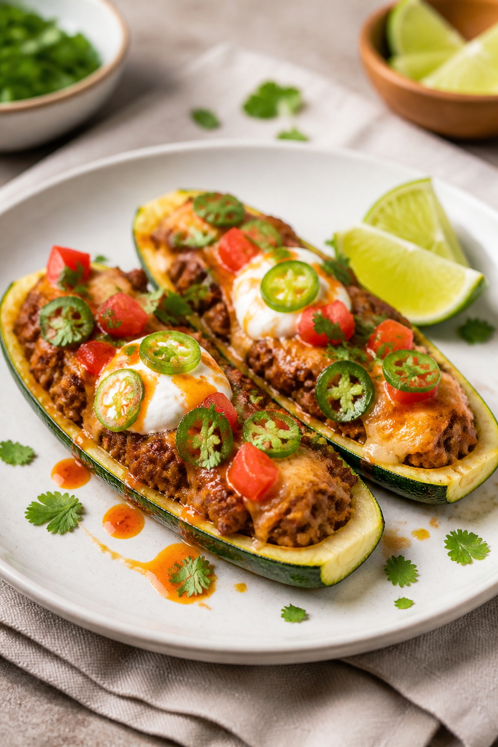 Final plated dish: Restaurant-quality presentation of beef taco stuffed zucchini on a wide white cer