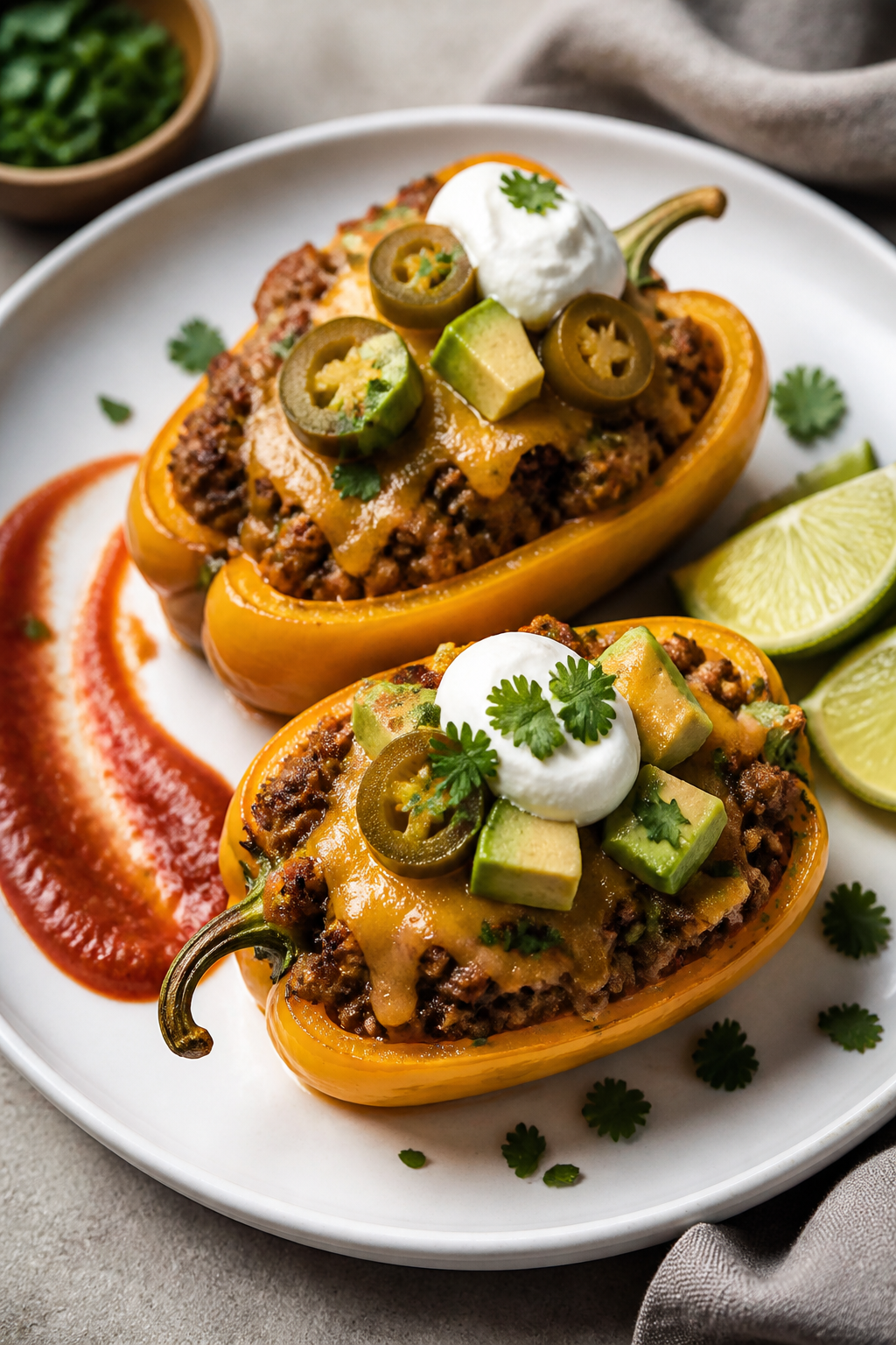 Final plated dish: Restaurant-quality presentation of two low carb beef taco stuffed pepper halves o