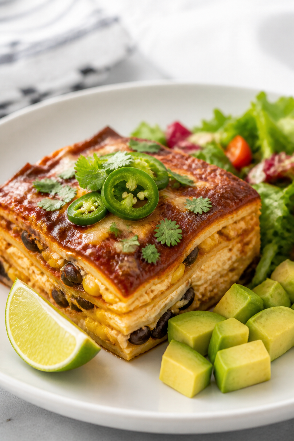 Final plated dish: Restaurant-quality presentation of a neatly cut square of high-protein chicken en