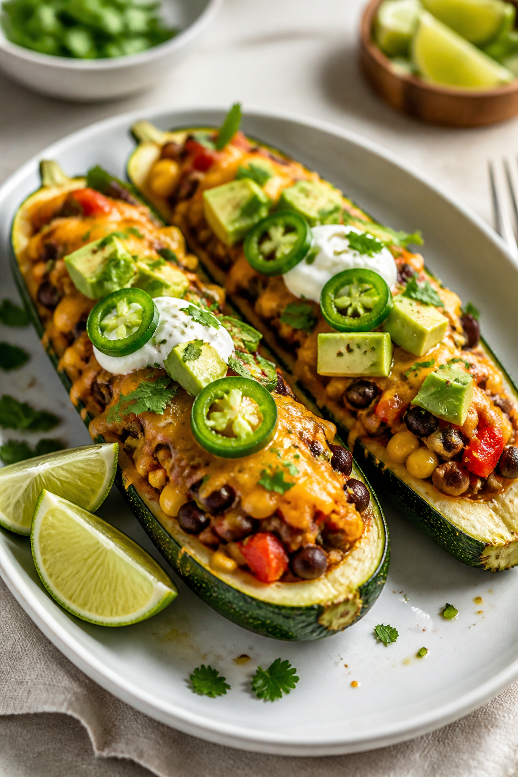 Final plated dish: Restaurant-quality presentation of two finished Healthy Taco Stuffed Zucchini Boa