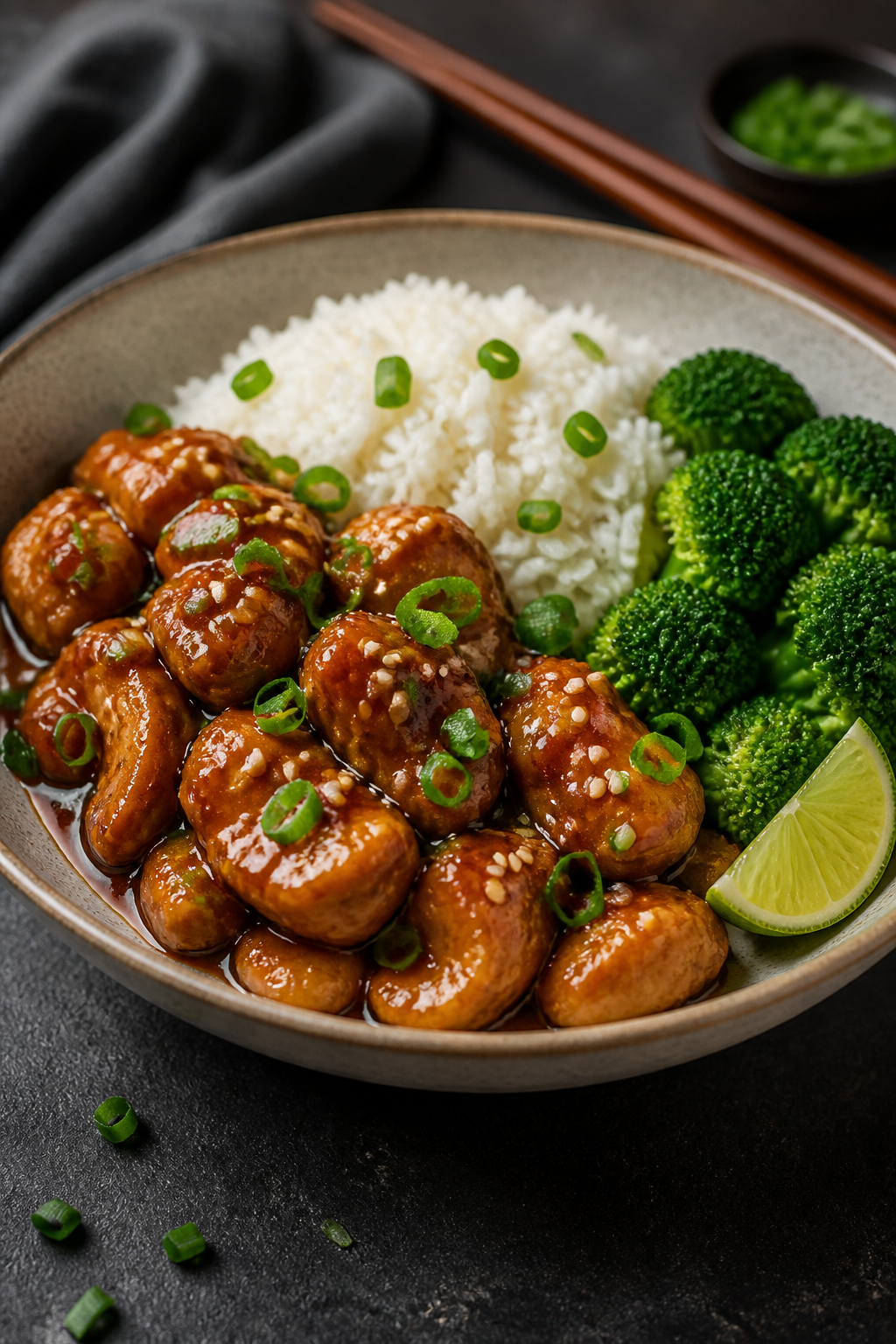 Final plated dish: Restaurant-quality presentation of Honey Garlic Chicken & Rice in a wide, shallow