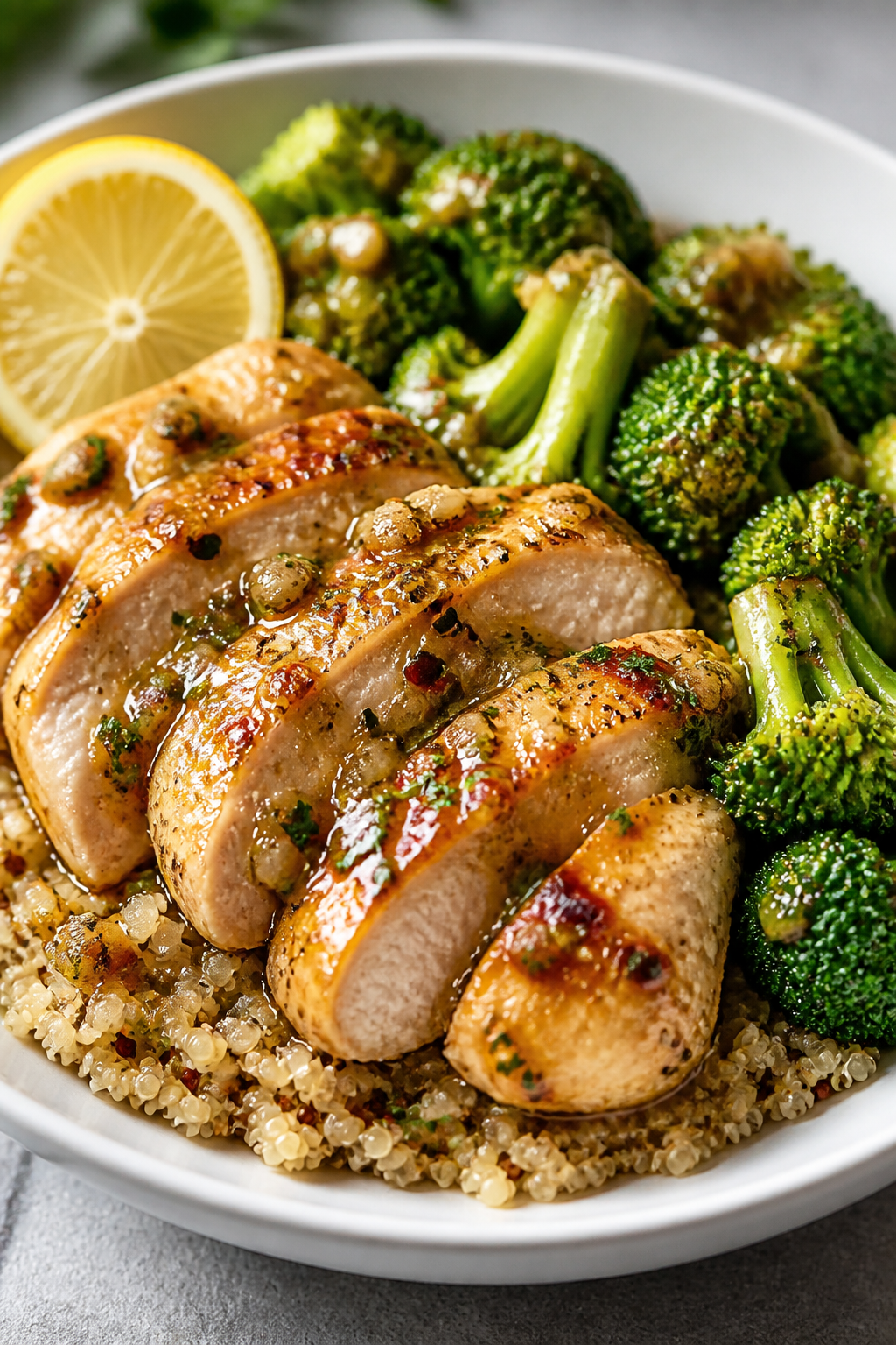 Final plated dish, restaurant-quality presentation: Garlic Butter Chicken & Broccoli arranged on a m