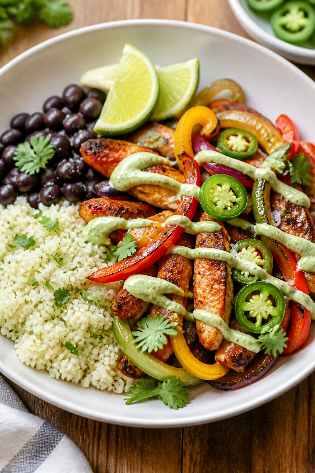 Final plated dish, restaurant-quality presentation: Beautifully plated chicken fajita bowl featuring