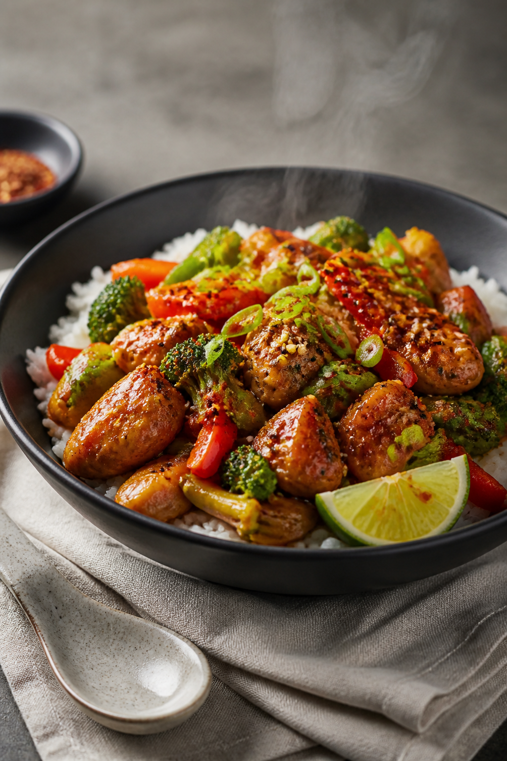 Final plated dish: Restaurant-quality presentation of the high protein chicken stir fry served over 