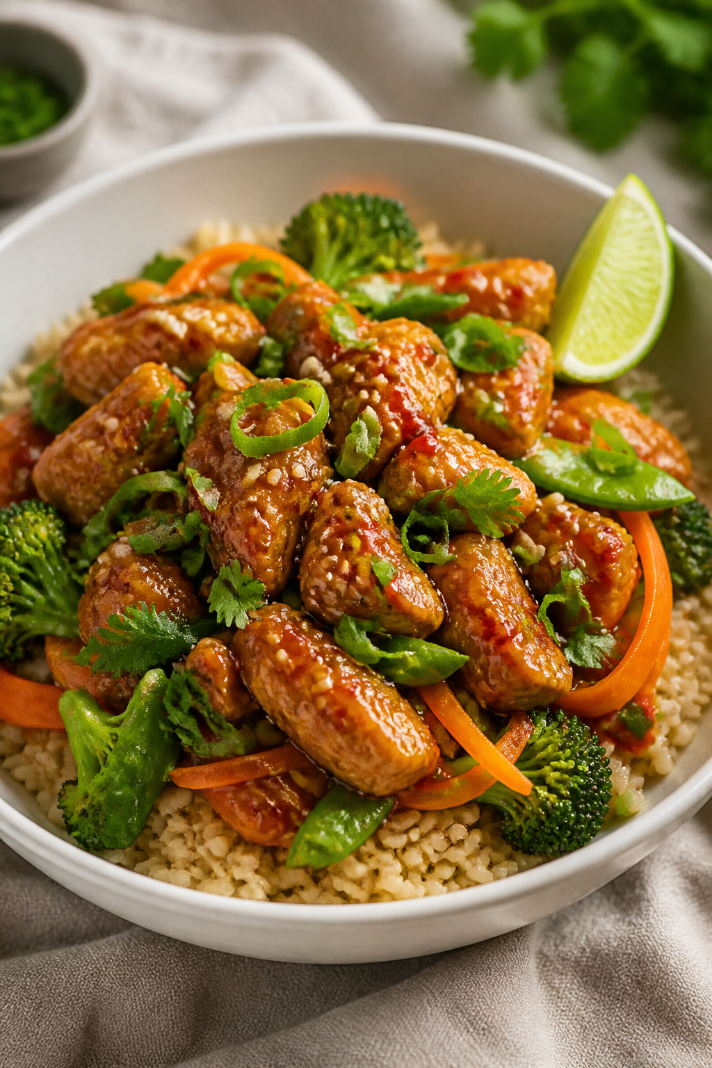Final plated dish: Restaurant-quality presentation of sweet chili chicken bowl—brown rice base top