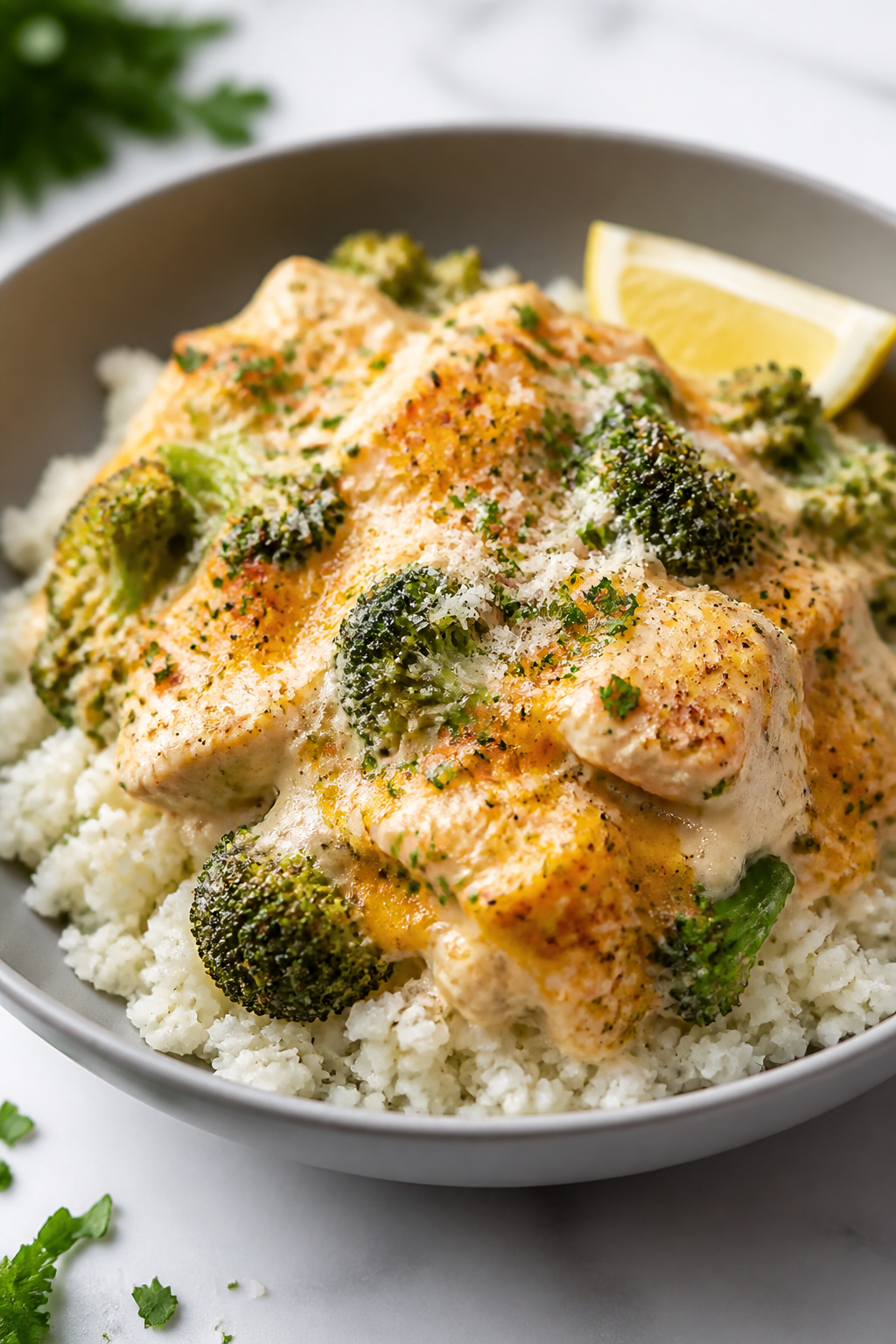 Final plated dish: Restaurant-quality presentation of a generous scoop of Cheesy Chicken Broccoli Pr