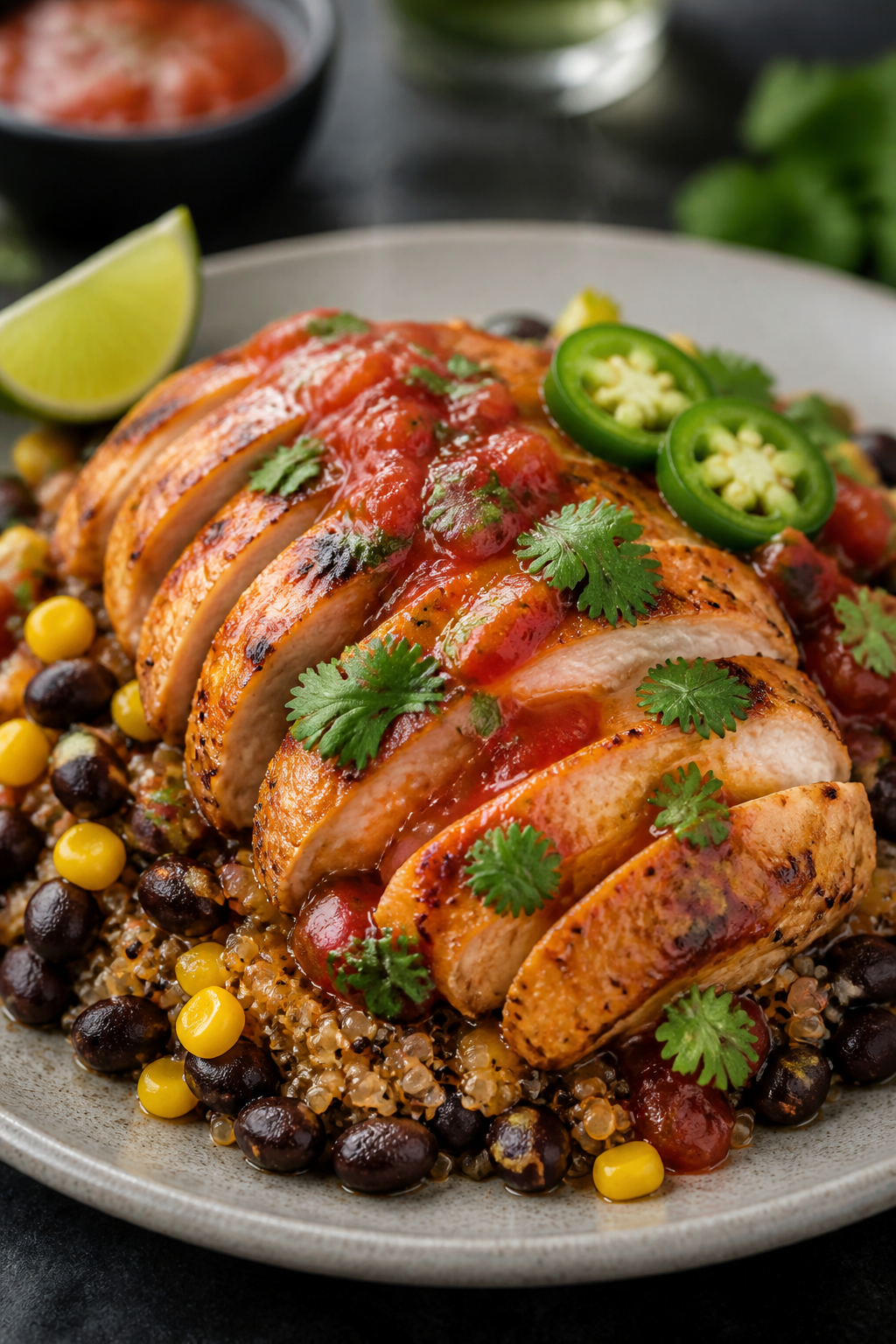 Final plated dish: Restaurant-quality presentation of sliced salsa chicken breast fanned over quinoa