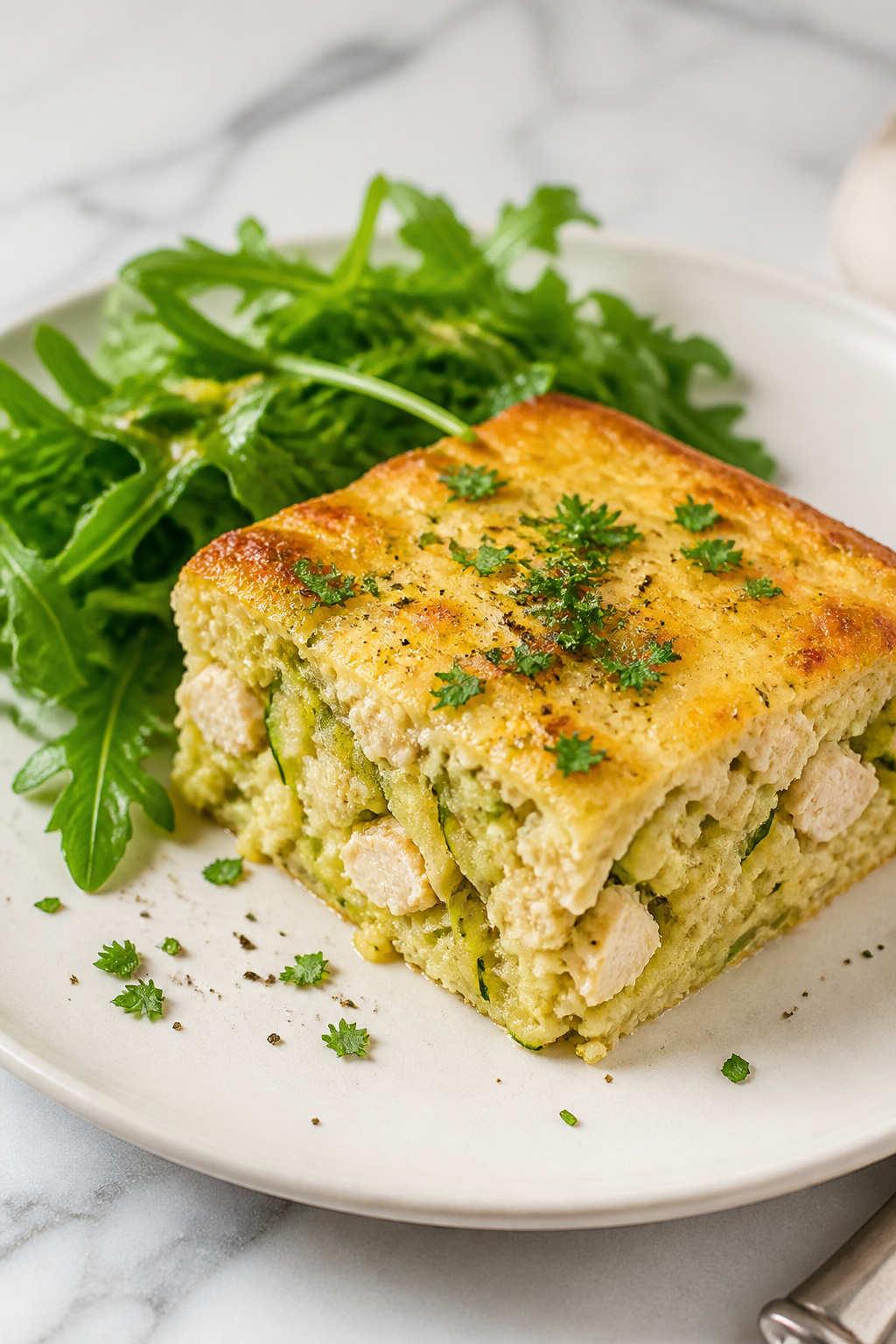Final plated dish: Restaurant-quality presentation of a neatly sliced square of High Protein Chicken