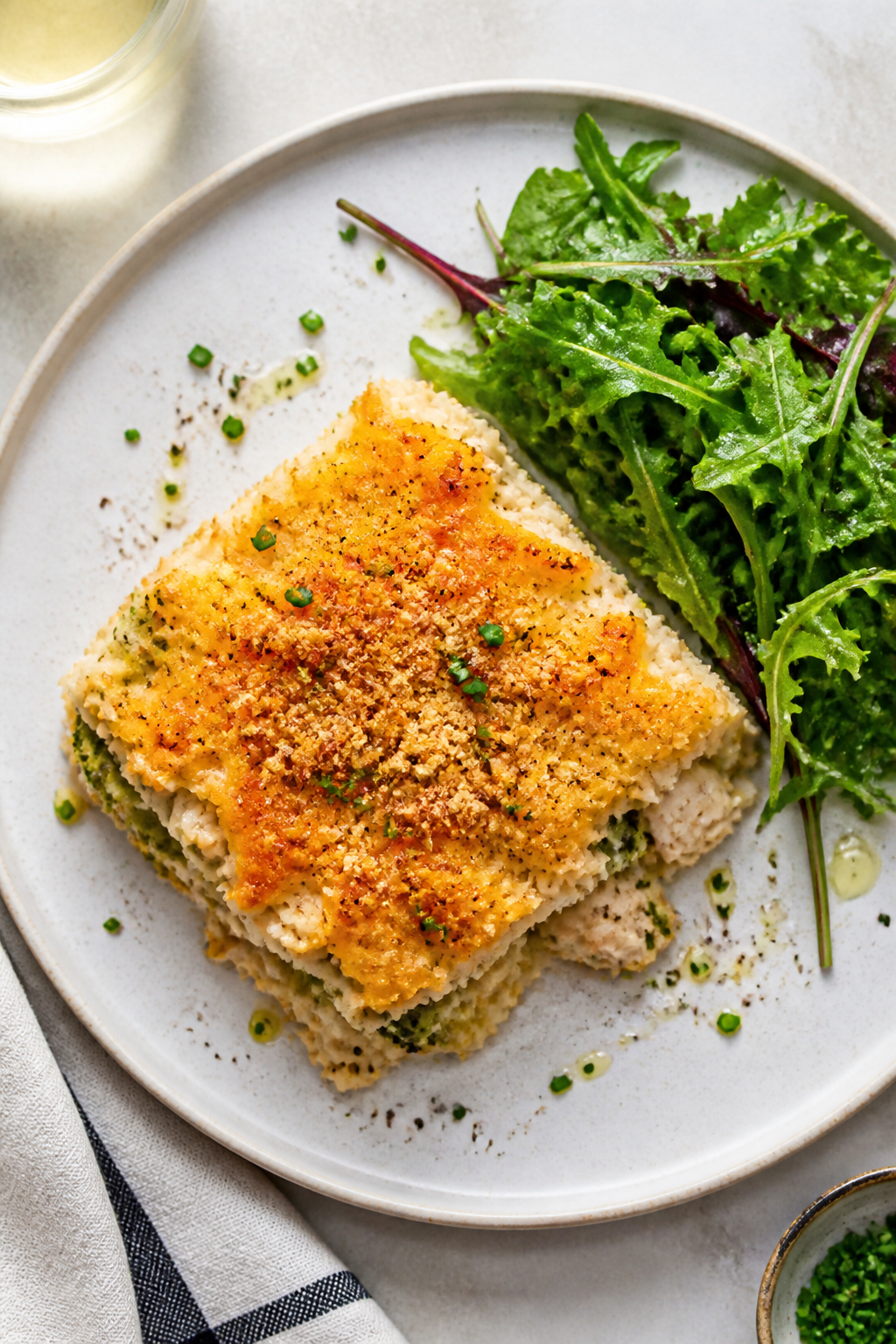 Final plated dish: Restaurant-quality presentation of a neat square of Cheesy Chicken Broccoli Rice 
