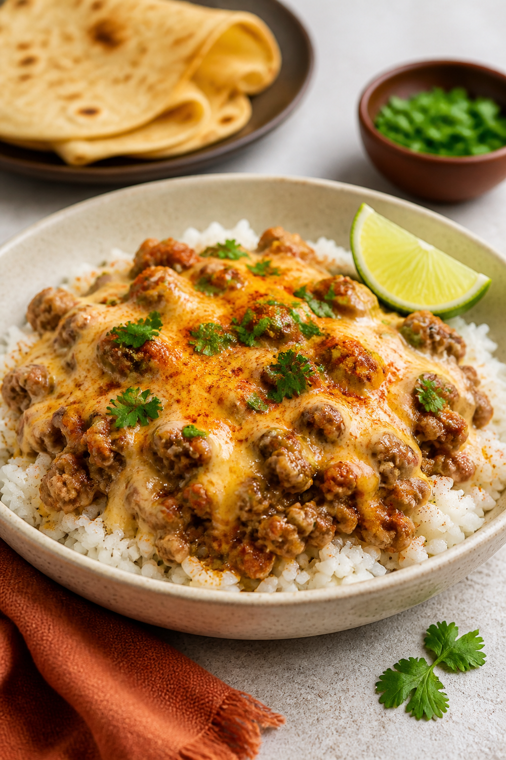 Final plated dish: Restaurant-quality presentation of a generous scoop of cheesy Ground Beef Pepper 